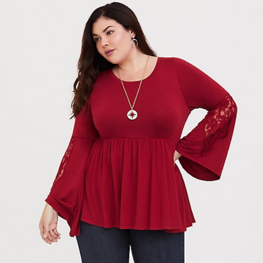 Torrid red long bell sleeve with lace
